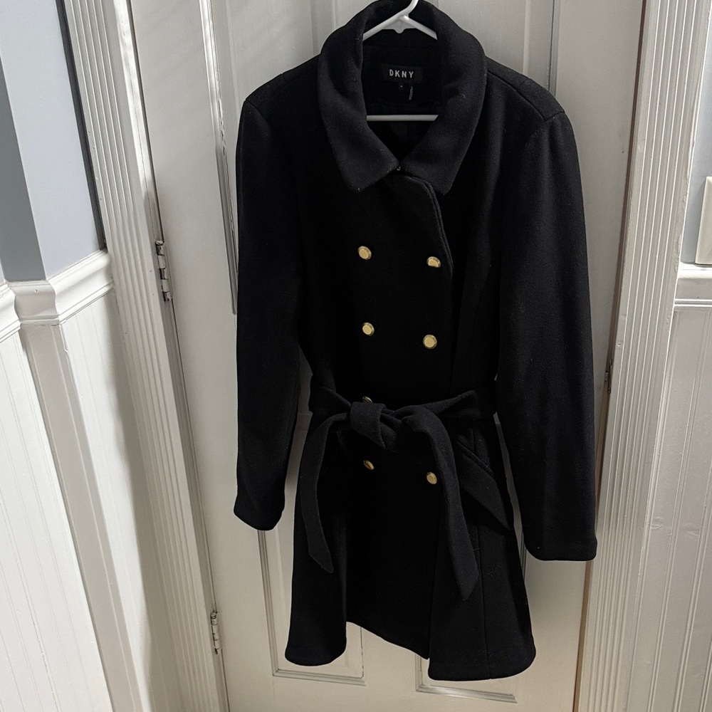DKNY Black Trench Coat with Gold Buttons